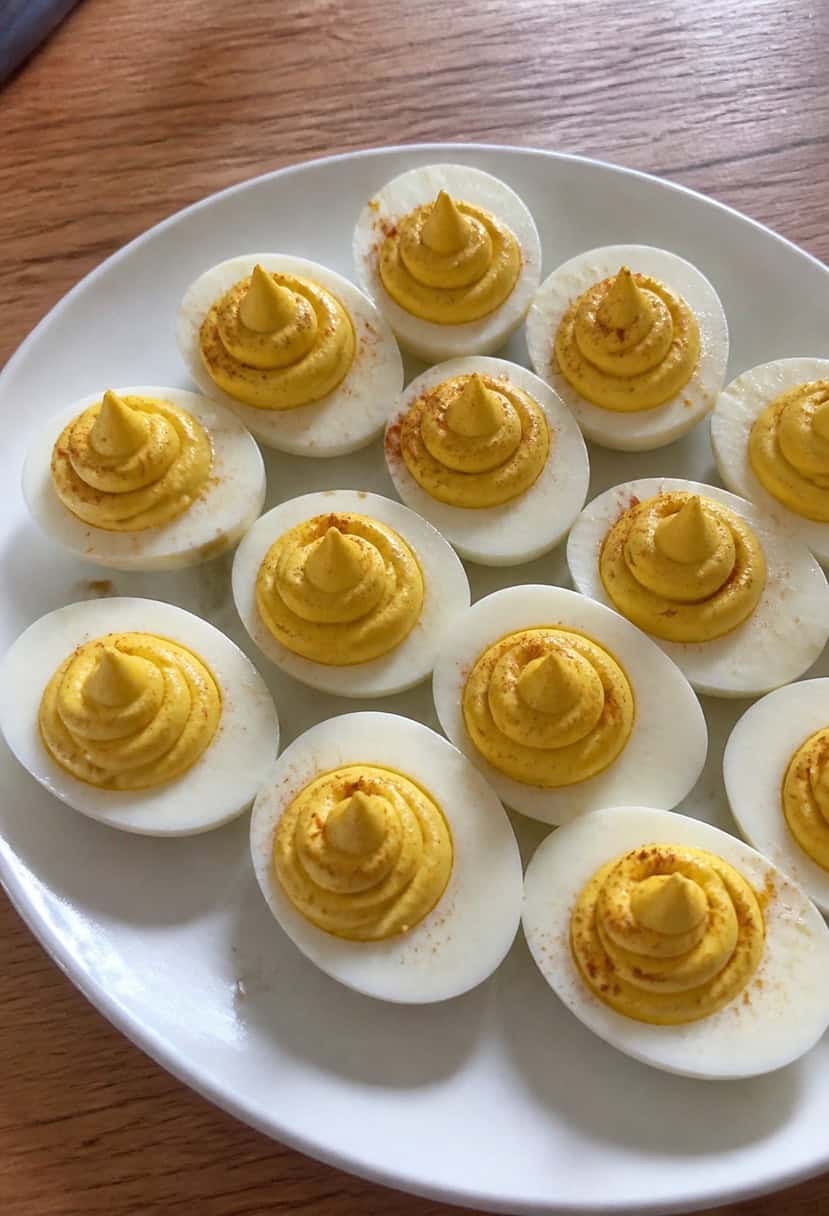 A platter of deviled eggs surrounded by autumn leaves and acorns
