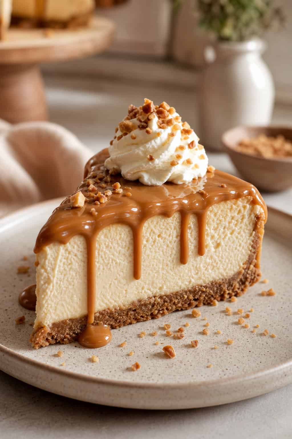 A slice of dulce de leche cheesecake with a golden graham cracker crust, caramel swirl visible through the pale filling, and a generous dollop of whipped cream on a round white plate.