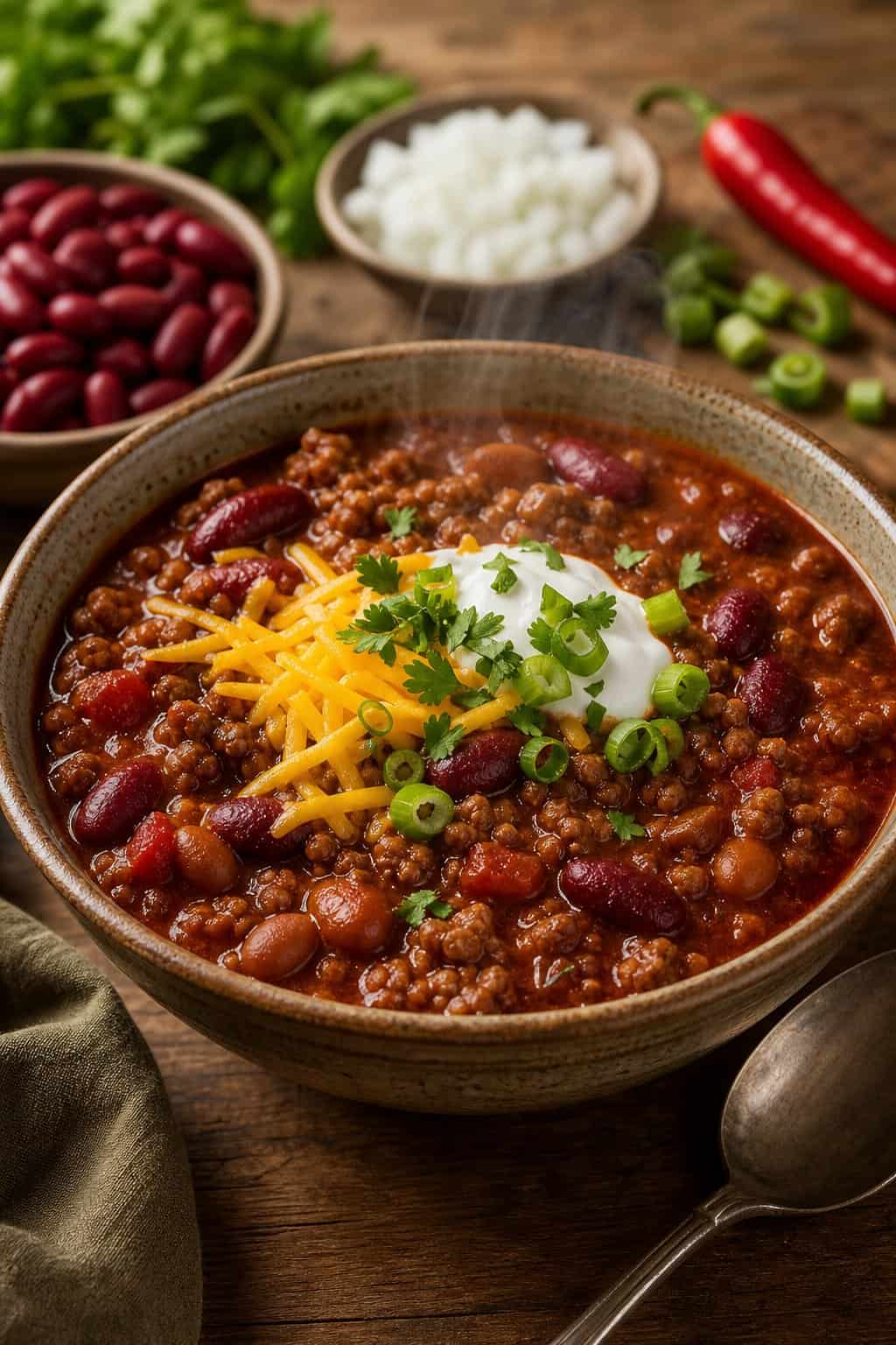 A deep bowl of dark red beef and kidney bean chili topped with shredded cheddar, a dollop of sour cream, sliced green onions, and fresh cilantro leaves on a worn wooden table.