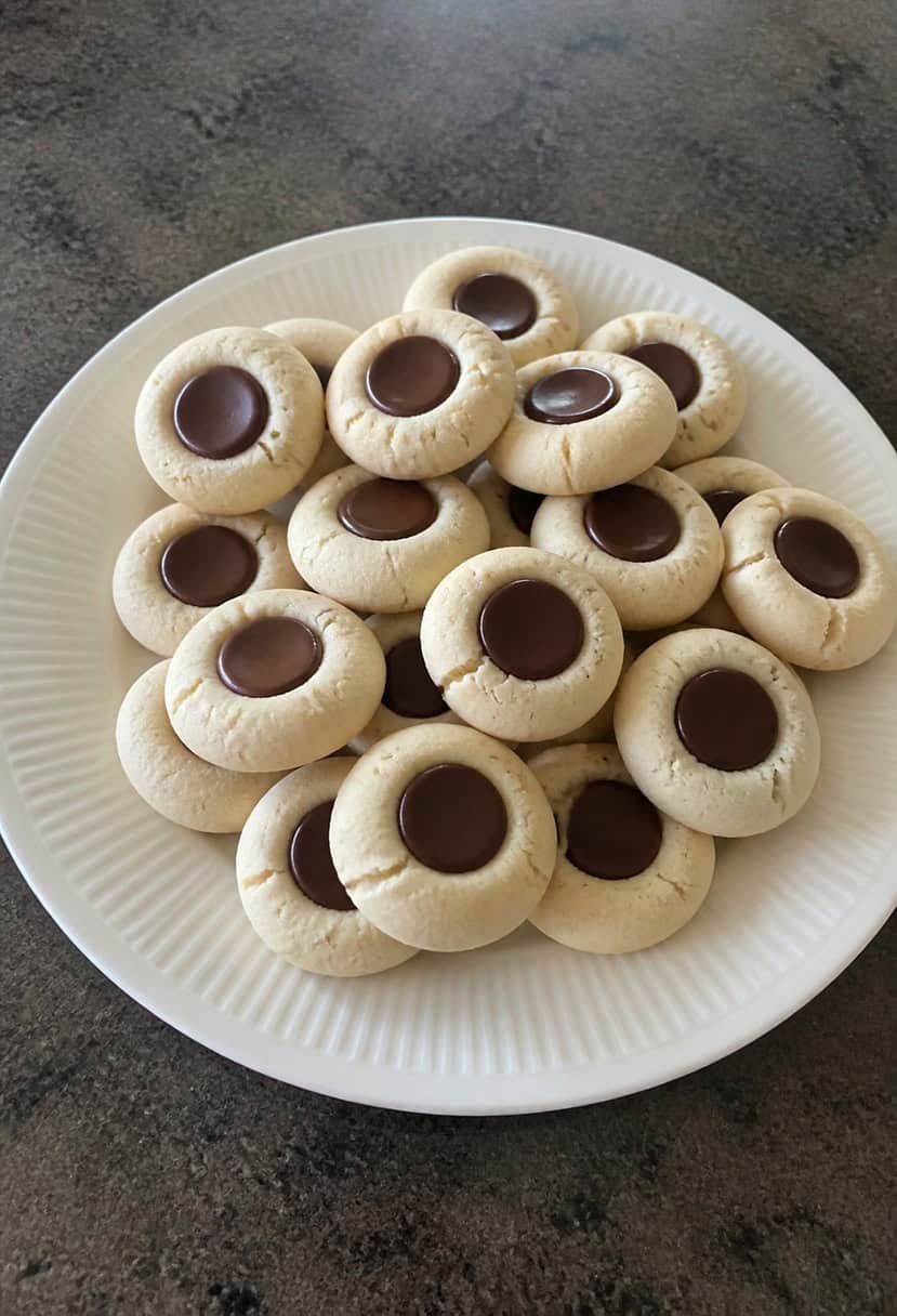 A festive plate of eggnog thumbprint cookies surrounded by holiday decorations and a glass of milk