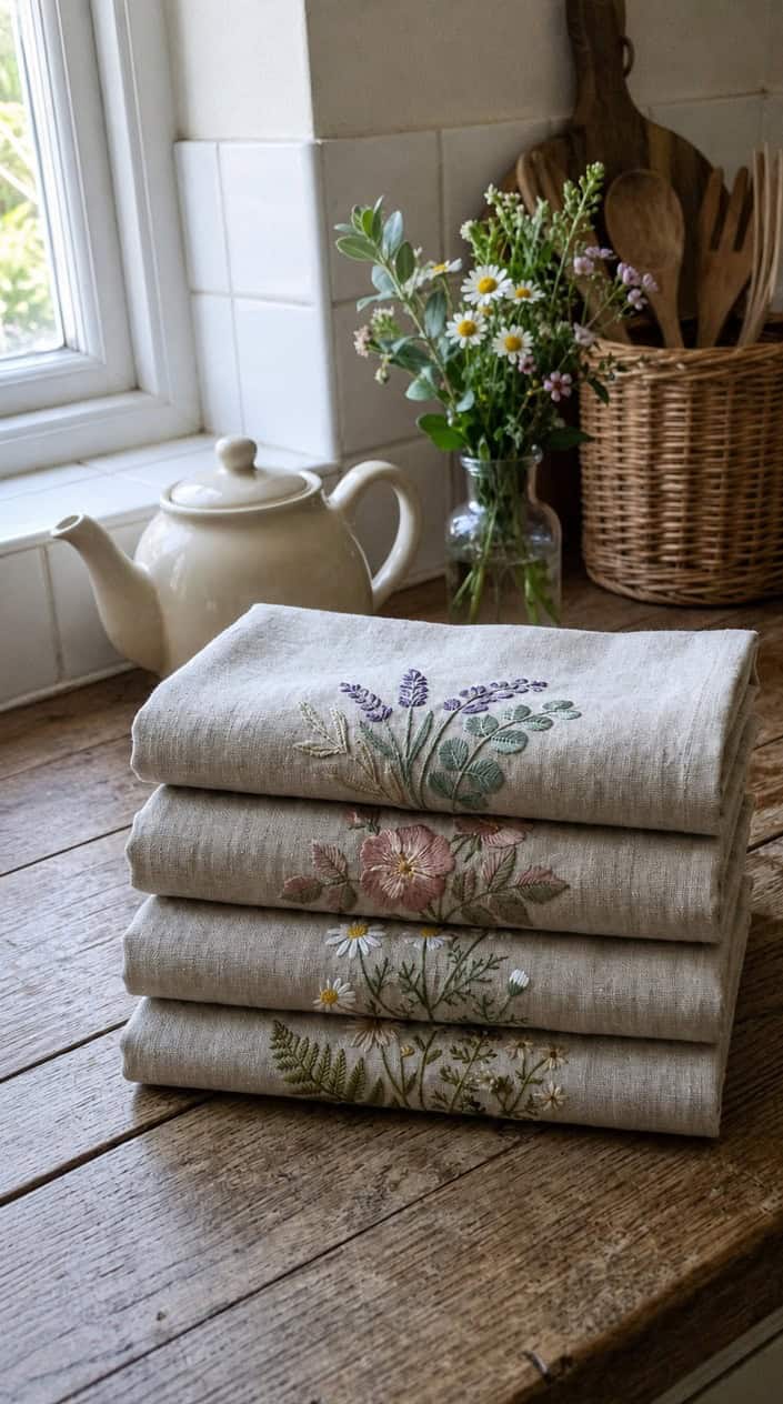 A set of embroidered linen tea towels arranged on a wooden kitchen countertop with a teapot, fresh flowers, and a woven basket in the background.