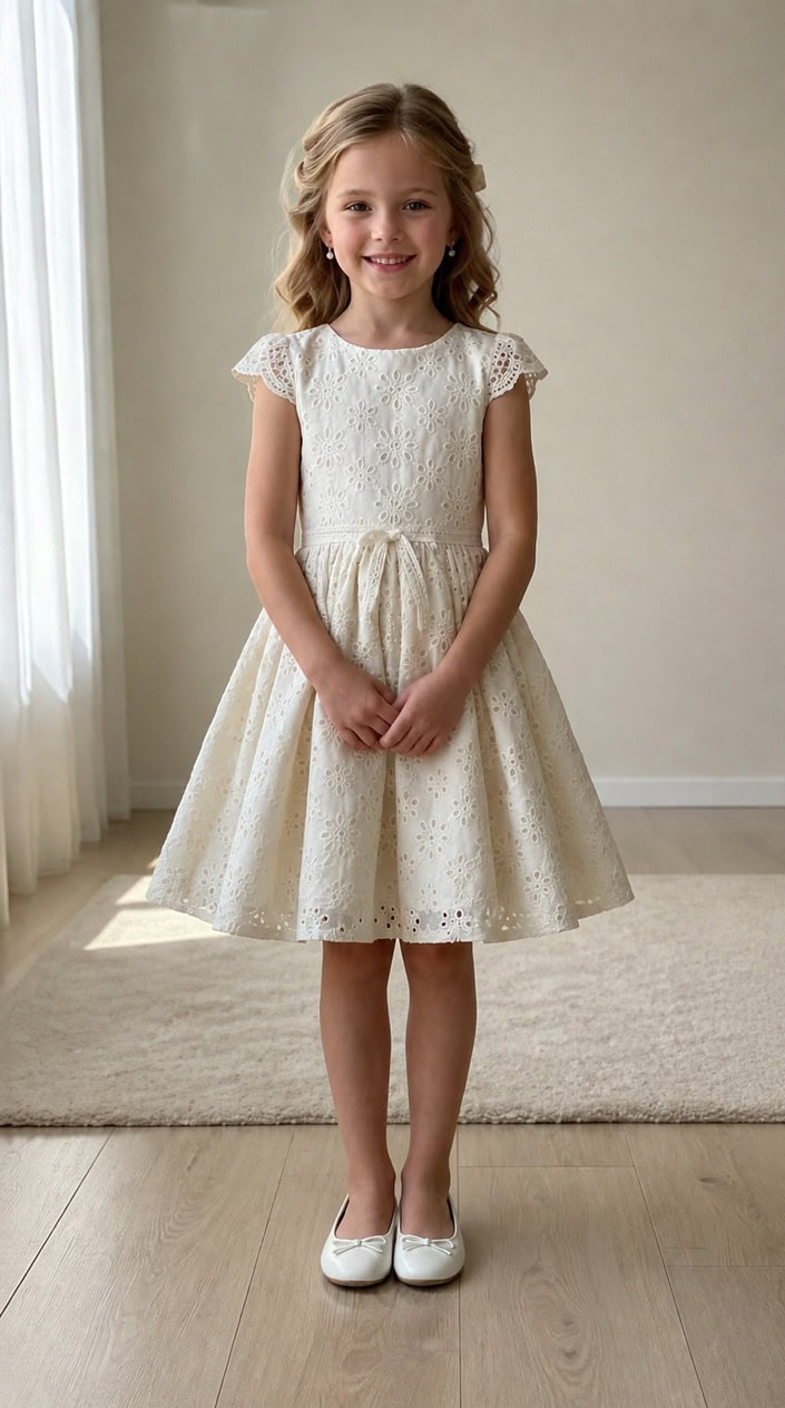 A young girl standing in a light studio wearing a lace dress with a flared skirt.