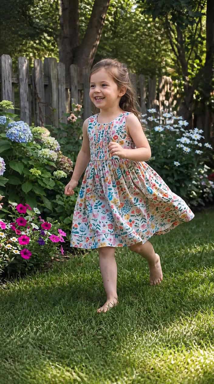 A young girl wearing a colorful dress playing outside in a sunny garden, smiling happily.