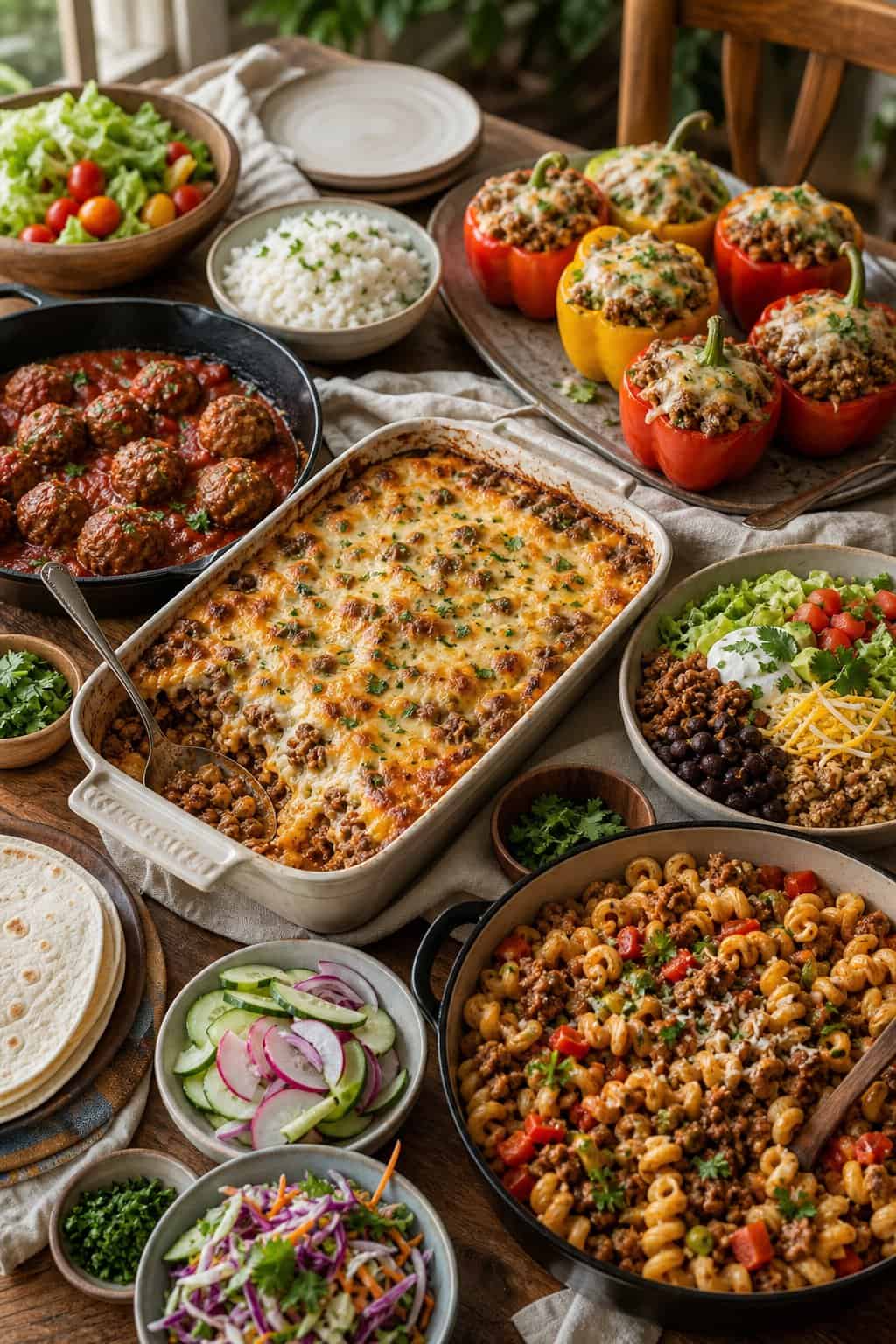 20 Ground Beef Dinners That Stretch One Pound 2 A family-style table spread with homemade ground beef dinners including a bubbling casserole, stuffed peppers with melted cheese, golden meatballs, colorful taco bowls, and sauced pasta.