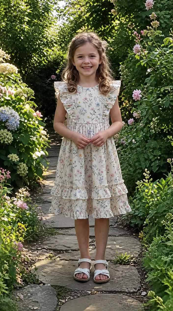 A young girl standing outdoors wearing a floral dress with ruffles, smiling gently with greenery in the background.