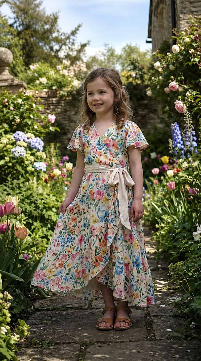 A young child standing outdoors in a garden wearing a floral dress, smiling gently.