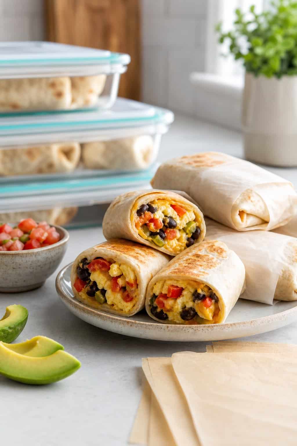 Several homemade breakfast burritos, some foil-wrapped and some cut open to show scrambled egg, sausage, and cheddar filling, arranged on a wooden counter with salsa and sliced avocado.