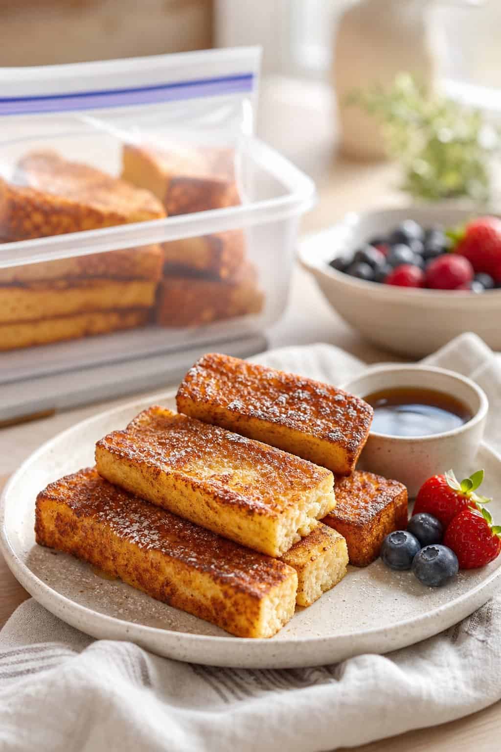Golden-brown French toast sticks dusted with powdered sugar beside a small ramekin of maple syrup and a handful of fresh berries on a white breakfast table.