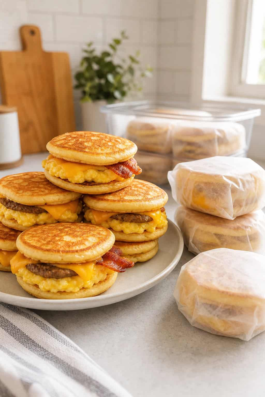 Golden-brown pancake sandwiches filled with scrambled egg, cheddar cheese, and breakfast sausage arranged on a white plate beside two individually wrapped portions.