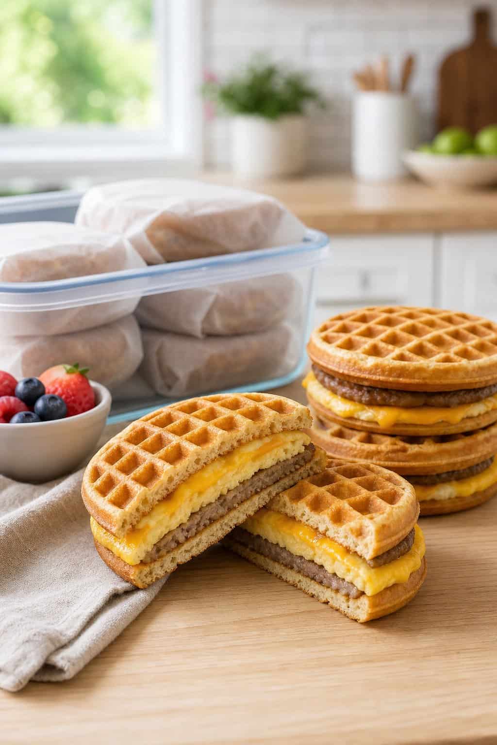 Golden waffle sandwiches filled with scrambled egg, cheddar cheese, and a sausage patty on a white kitchen counter, with two sandwiches wrapped in foil nearby.