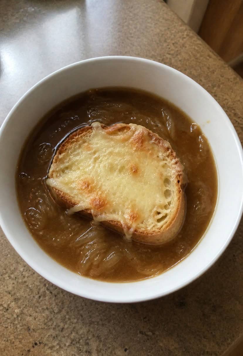 A steaming bowl of French onion soup sits on a rustic wooden table, surrounded by a scattering of onion skins and a loaf of crusty bread