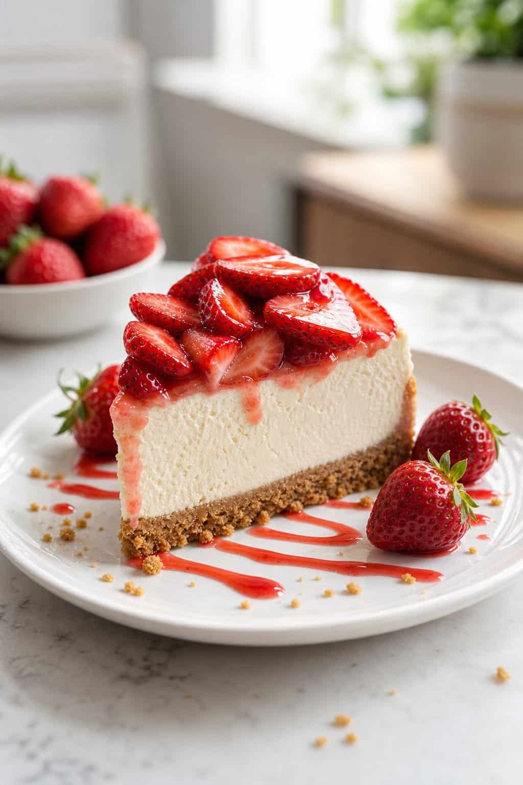 A slice of strawberry cheesecake with glossy jam-coated fresh strawberry halves arranged on top, served on a white plate.