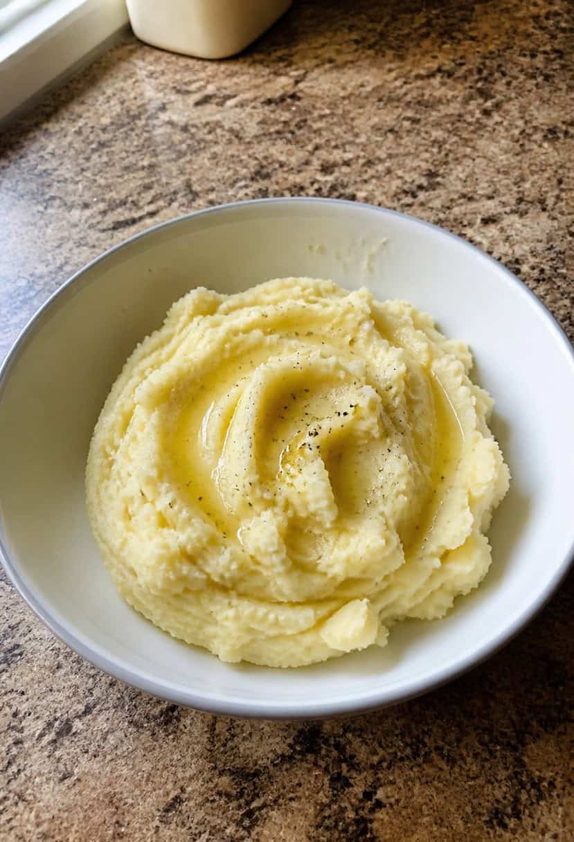 A bowl of creamy garlic mashed potatoes surrounded by fresh herbs and a sprinkle of black pepper on a rustic wooden table