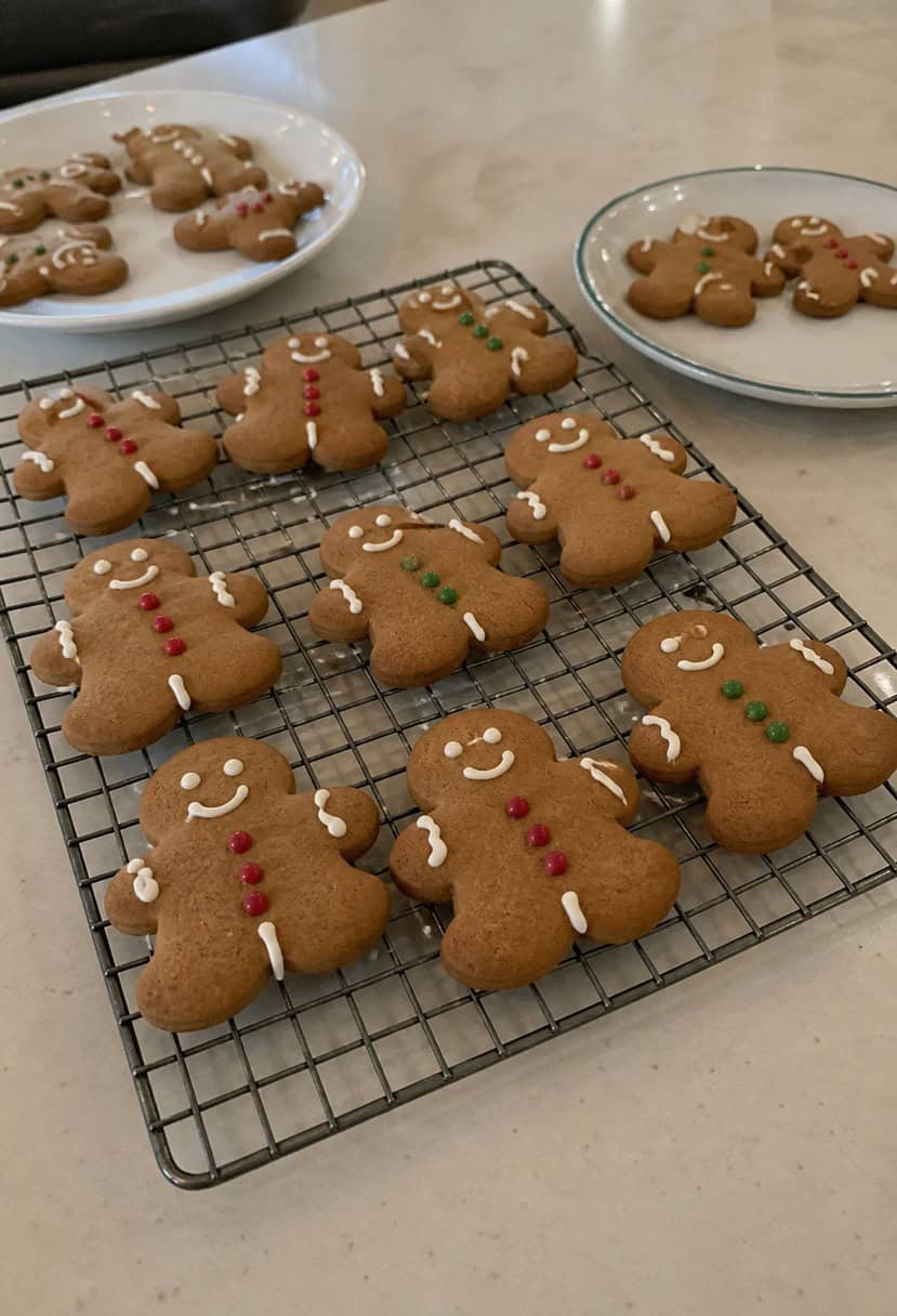 A festive kitchen scene with a variety of gingerbread men cookies displayed on a table, surrounded by ingredients and holiday decorations
