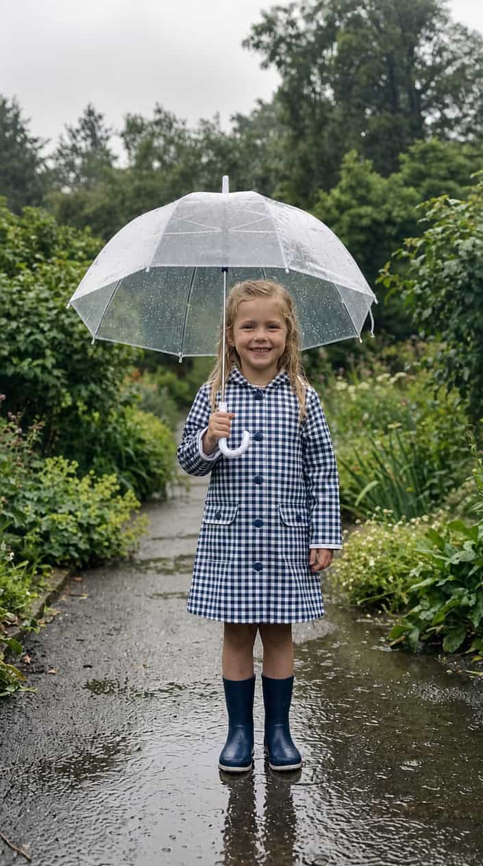 Little Girl Dress Styles for a Rainy Birthday Party 3 A young girl standing outside on a rainy day holding a transparent umbrella.