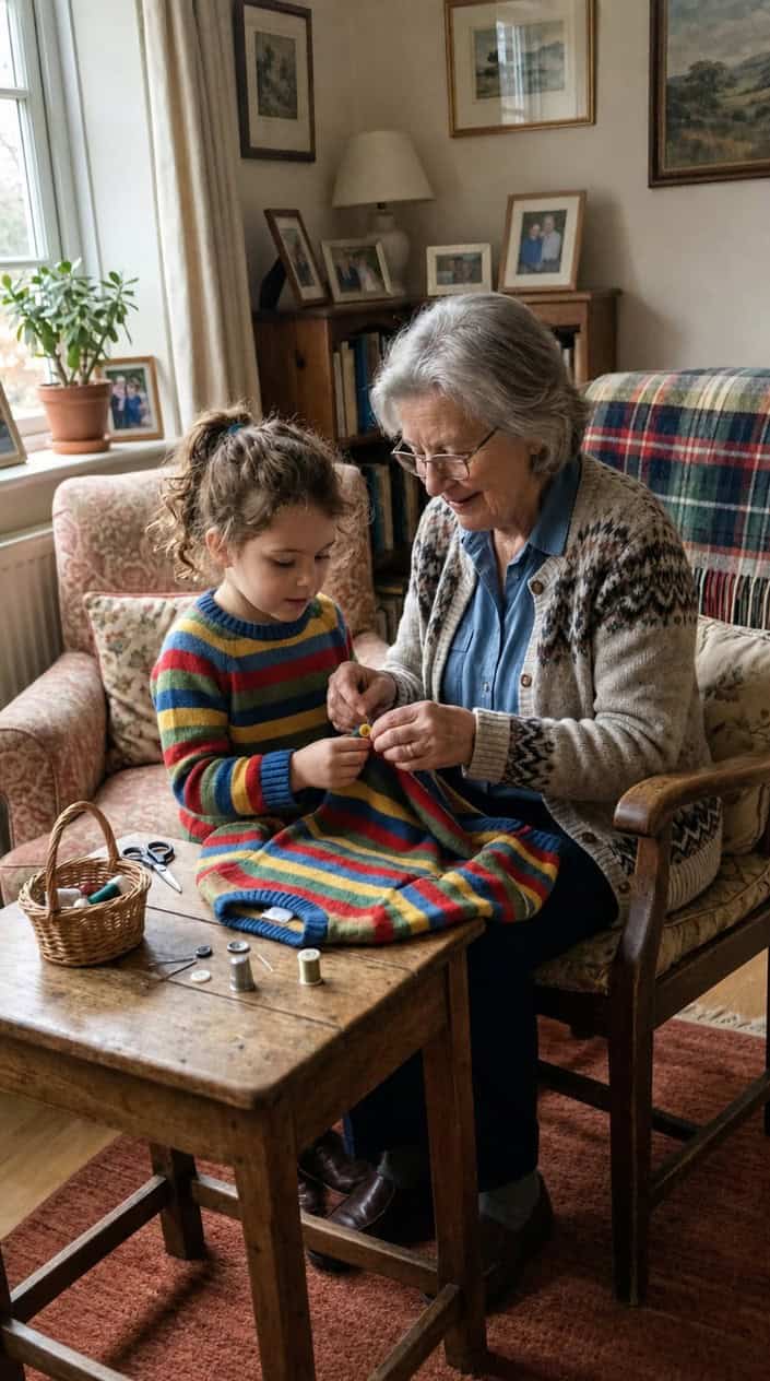 An elderly grandmother gently sewing a button onto a child's sweater in a cozy living room.