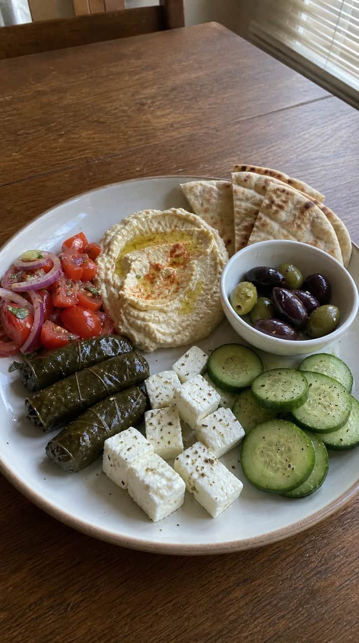 A Greek mezze platter with hummus, pita bread, olives, cucumbers, tomatoes, feta cheese, dolmas, and roasted red peppers on a wooden table.