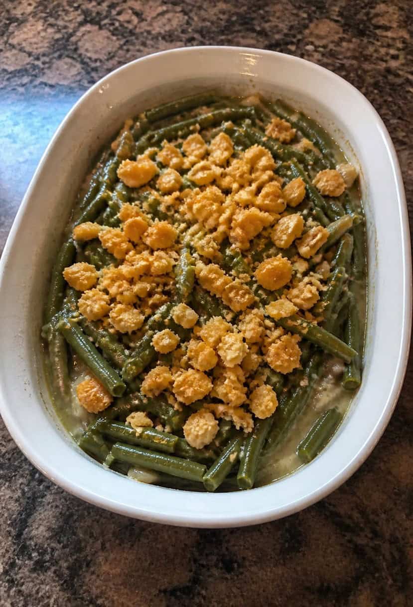 A steaming green bean casserole sits on a festive Thanksgiving table surrounded by other dishes and fall decorations