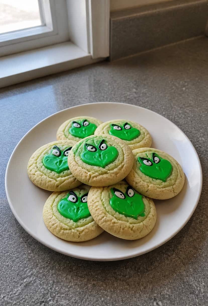 A festive kitchen counter with a plate of Grinch cookies surrounded by ingredients and Christmas decorations