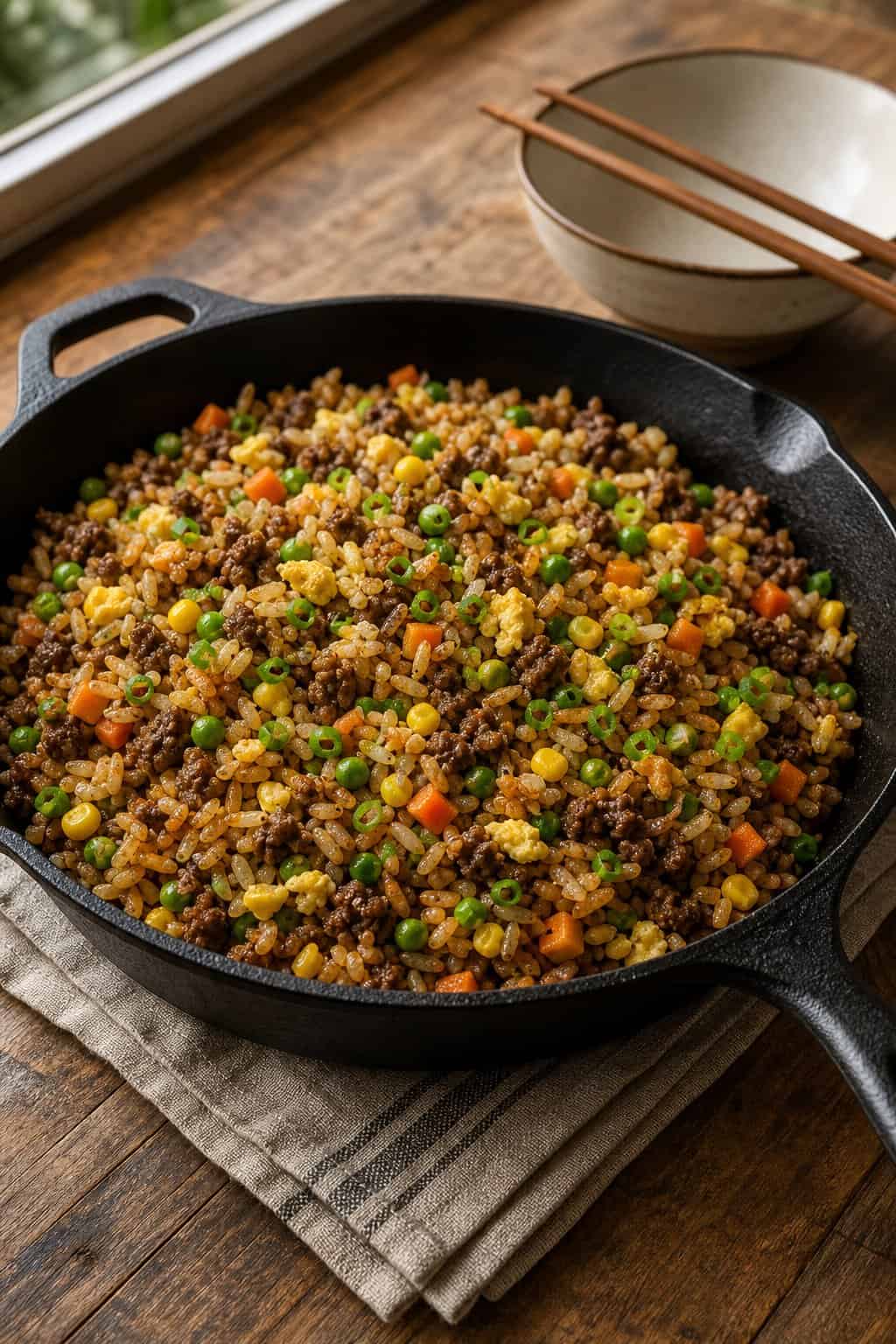 20 Ground Beef Dinners That Stretch One Pound 19 A large flat-bottomed wok-style skillet with golden ground beef fried rice, visible orange carrot pieces, bright green peas, scrambled egg streaks, and scattered sliced green onions on a wooden surface.