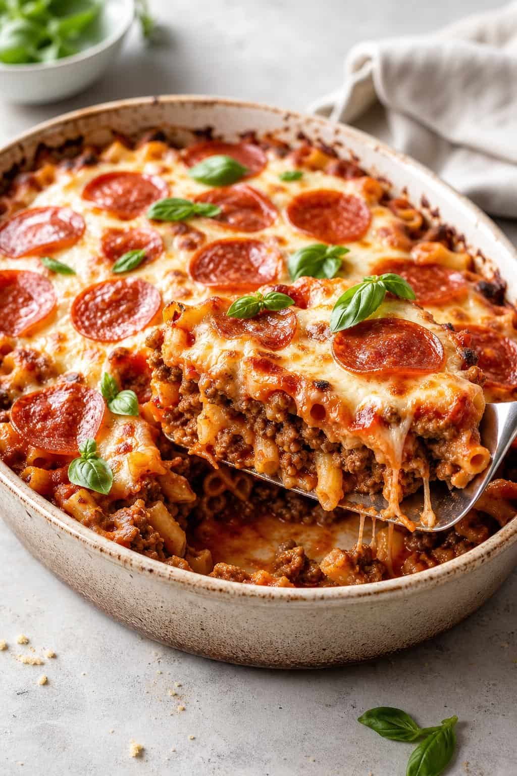 A white ceramic baking dish of pizza casserole with rotini pasta, bubbling tomato sauce, overlapping pepperoni rounds, and a deeply browned mozzarella cheese top fresh from the oven.