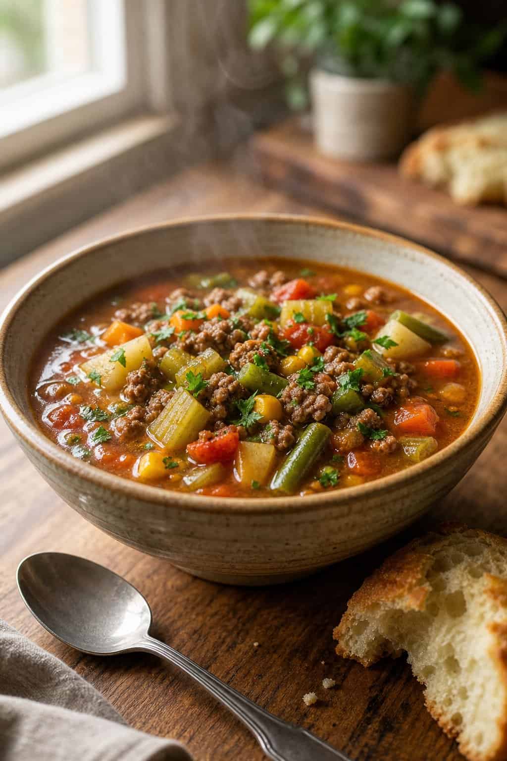 A ceramic bowl of thick ground beef vegetable soup with visible chunks of orange carrot, diced potato, green beans, yellow corn, and tomato pieces, served next to a slice of rustic crusty bread.