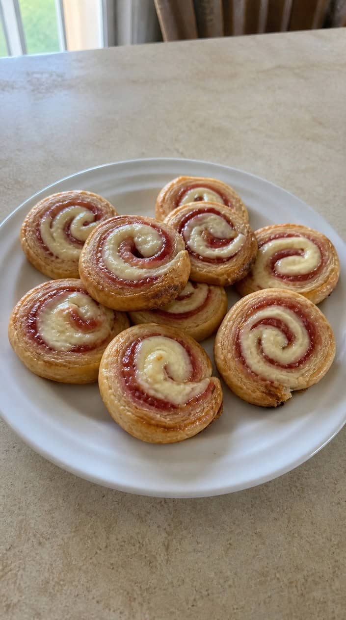 Sliced cream cheese pinwheels with a vivid pink guava swirl showing at the cut edge, arranged on a wooden board with a few halved guava fruits.