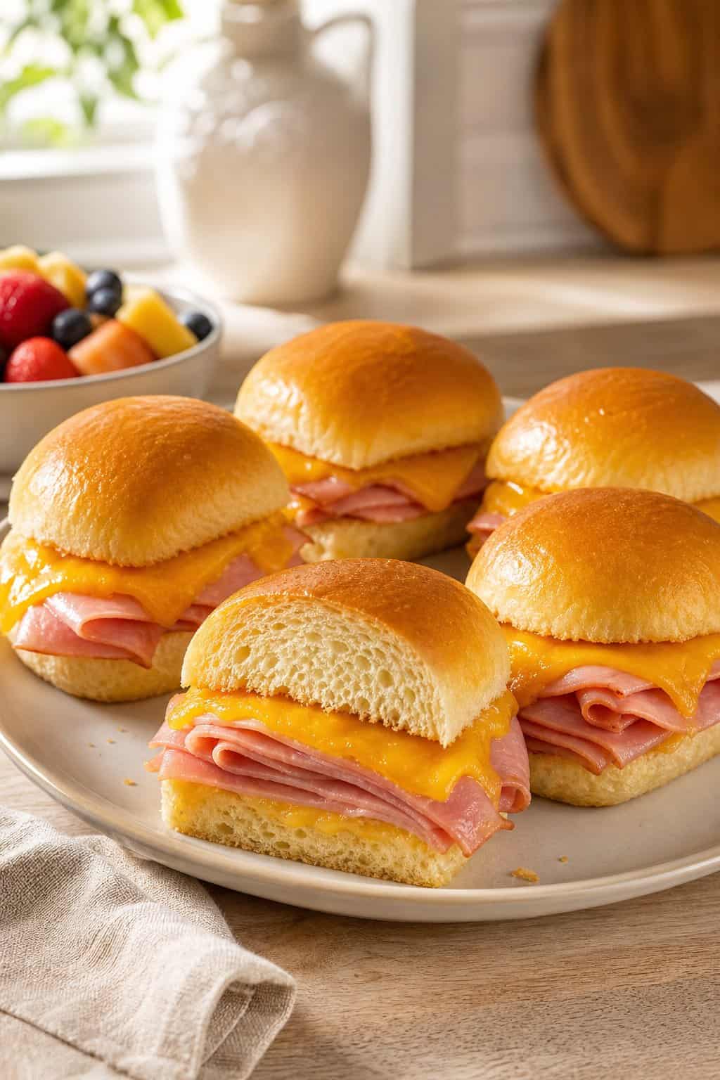 Ham and cheddar breakfast sliders on a white plate, one slider cut open to show layered deli ham and melted cheddar inside a soft Hawaiian roll.