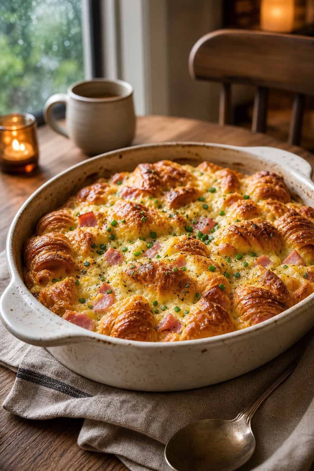 A golden ham and cheese croissant casserole with torn buttery croissant pieces, visible ham, and melted Swiss cheese in a white ceramic baking dish on a dining table.