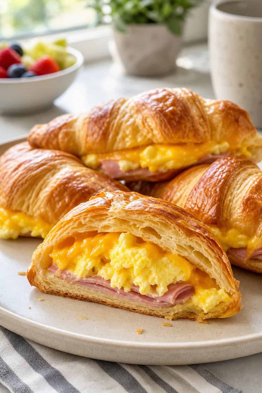 Ham, egg, and cheese croissant pockets on a white ceramic plate, one cut open crosswise to show the diced ham, scrambled egg, and melted cheddar inside a flaky golden croissant.