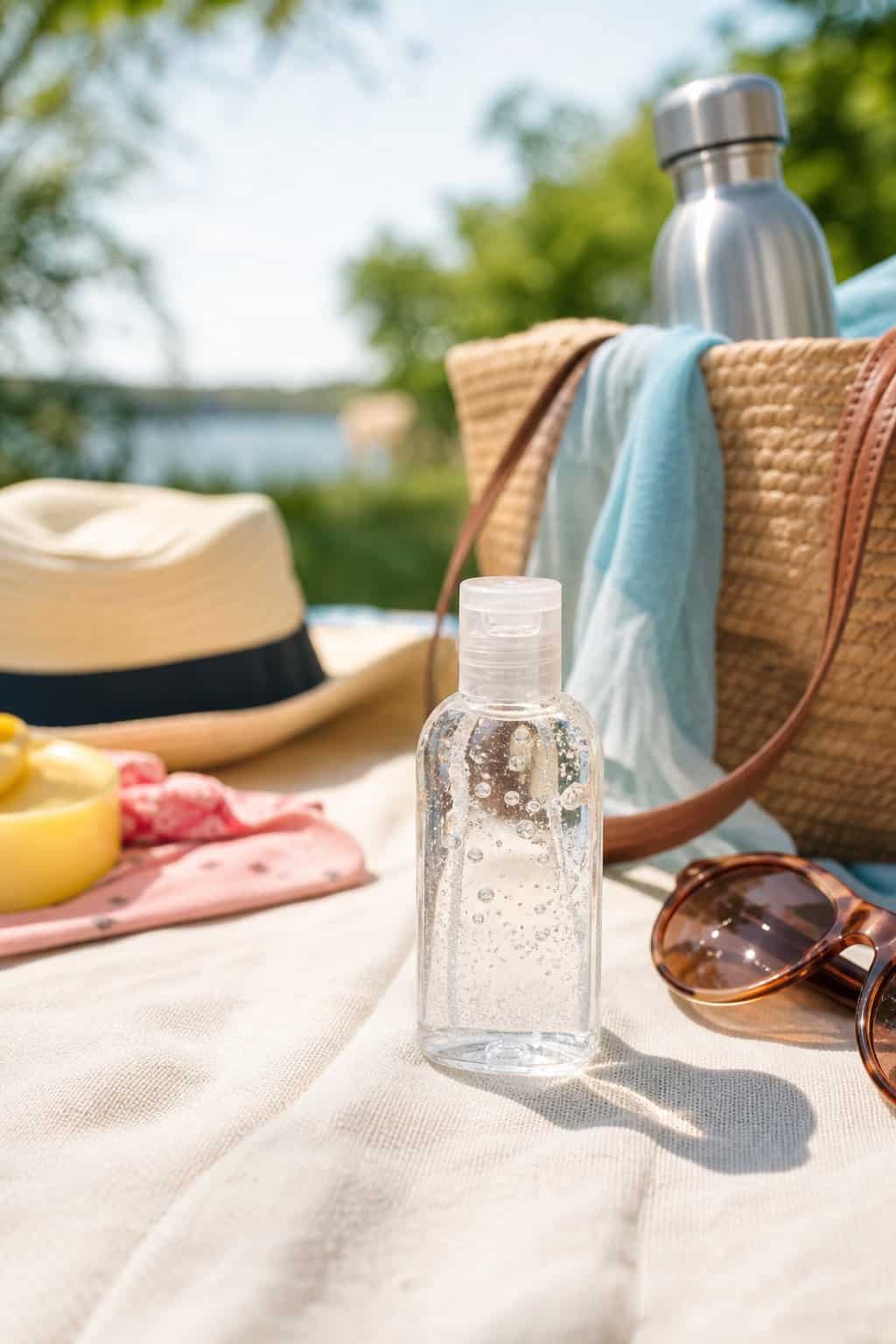 A small brightly colored bottle of hand sanitizer resting beside an open summer tote bag on a striped picnic blanket in the sun.