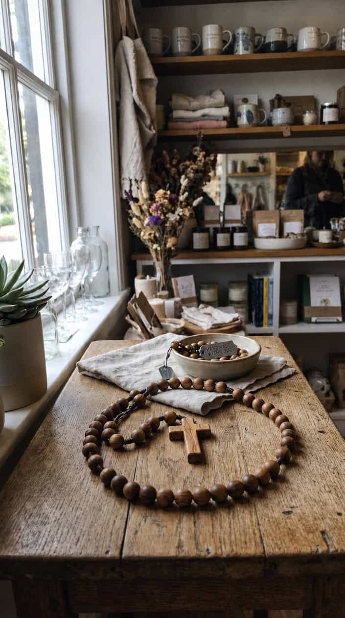 A handcrafted wooden rosary with smooth beads and a wooden cross displayed on a rustic wooden table inside a small shop with shelves of handmade items in the background.