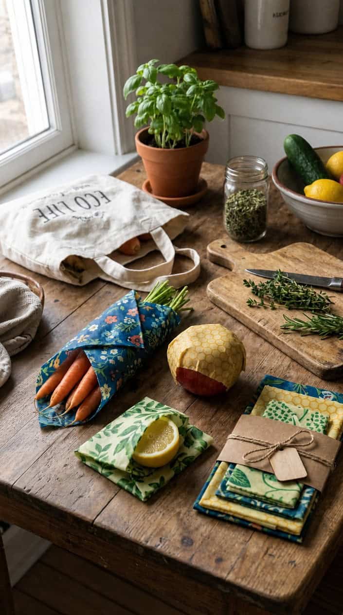 A gift set of colorful handmade beeswax food wraps covering fresh fruits and vegetables on a wooden table with kitchen items and plants around.