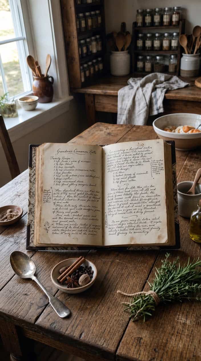 An open handwritten recipe book on a wooden table with kitchen items nearby.