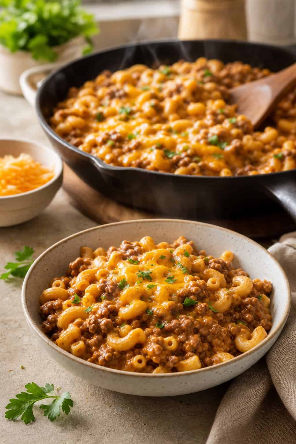 A wide nonstick skillet of creamy macaroni and browned ground beef with a small ceramic bowl of the same dish alongside it on a gray countertop.