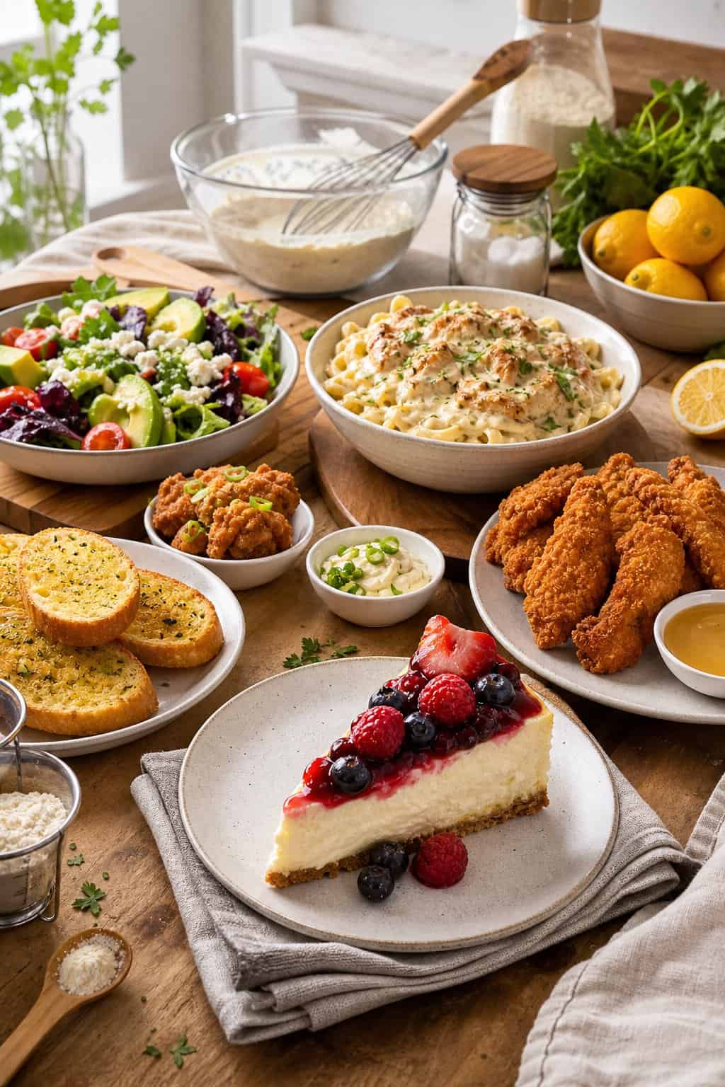 A homemade spread of cheesecake, pasta, chicken, salad, and bread arranged on a wooden kitchen table with casual place settings.