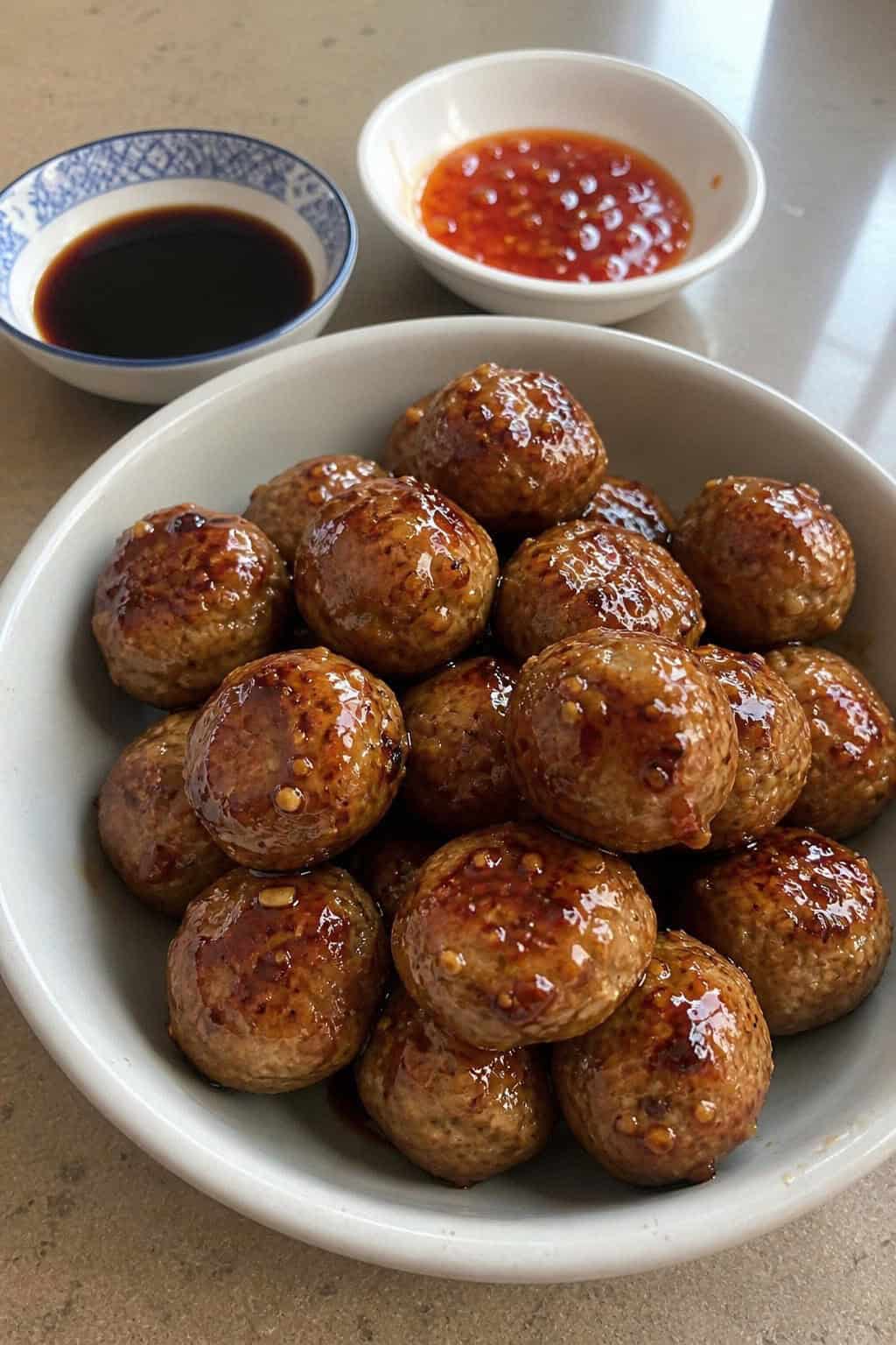 Close-up of honey-garlic sticky chicken meatballs in a white bowl garnished with herbs and sesame seeds on a wooden table with dipping sauces and fresh ingredients in the background.
