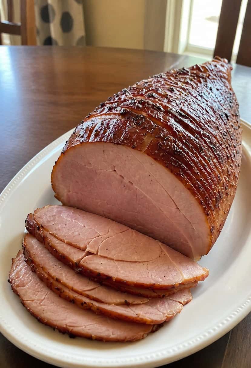 A succulent honey glazed ham surrounded by festive Thanksgiving decorations