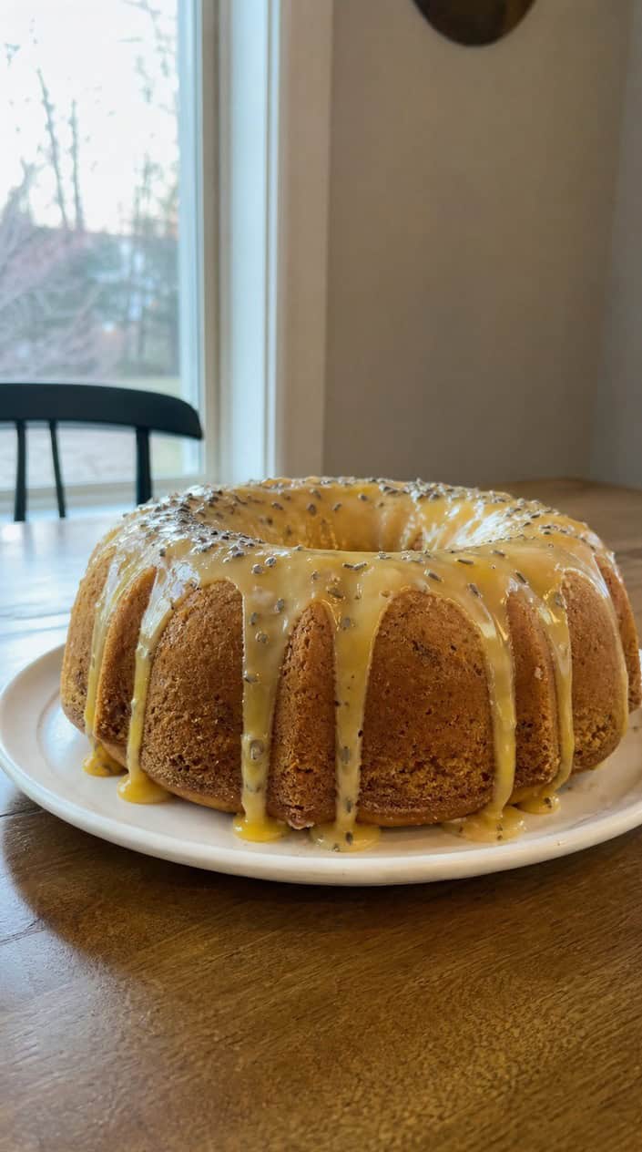 A honey lavender lemon drizzle cake on a wooden table with lavender sprigs on top and blurred graduation decorations in the background.