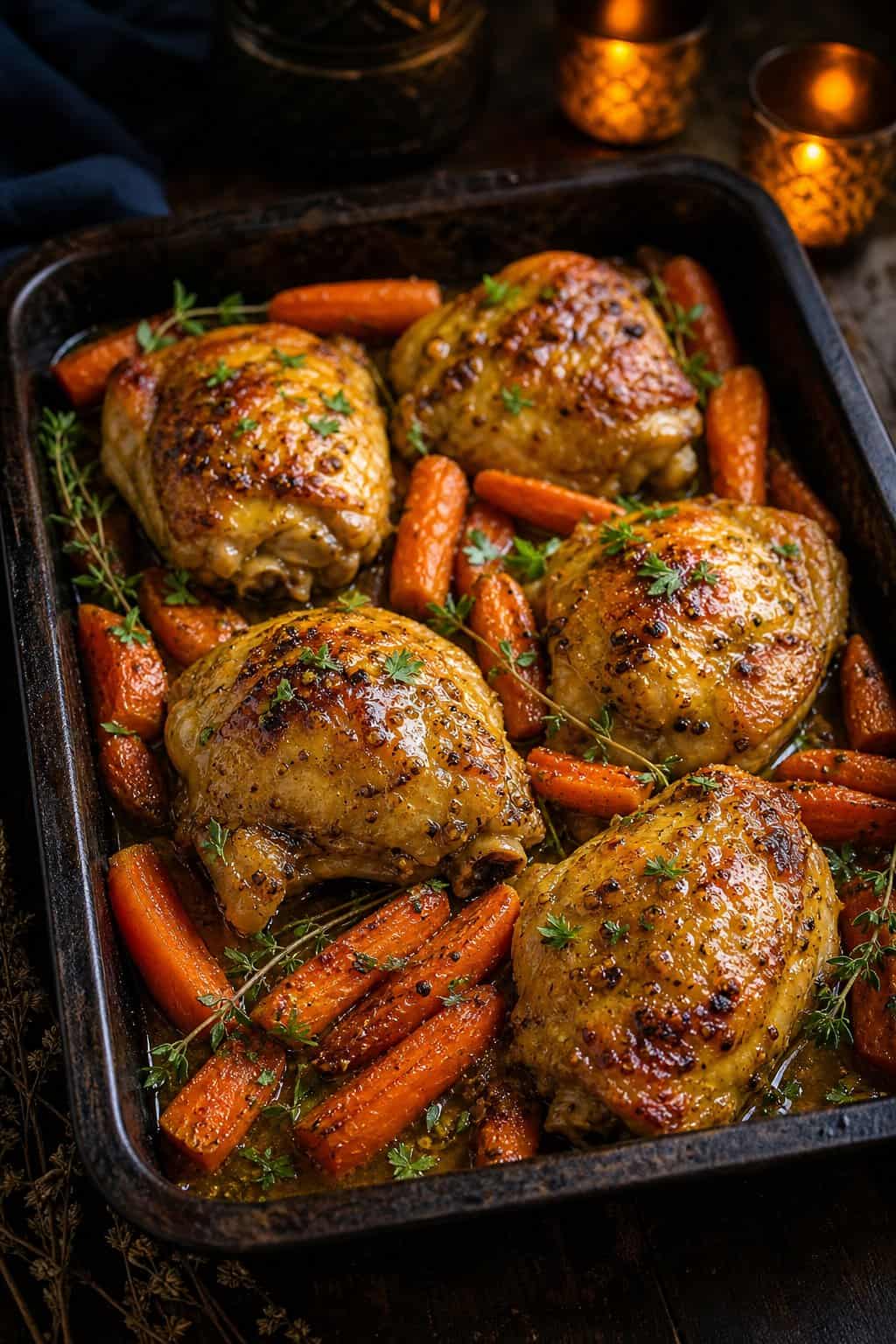 Caramel-glazed boneless chicken thighs and thick-cut roasted carrots arranged in a dark nonstick roasting pan with golden sticky edges.