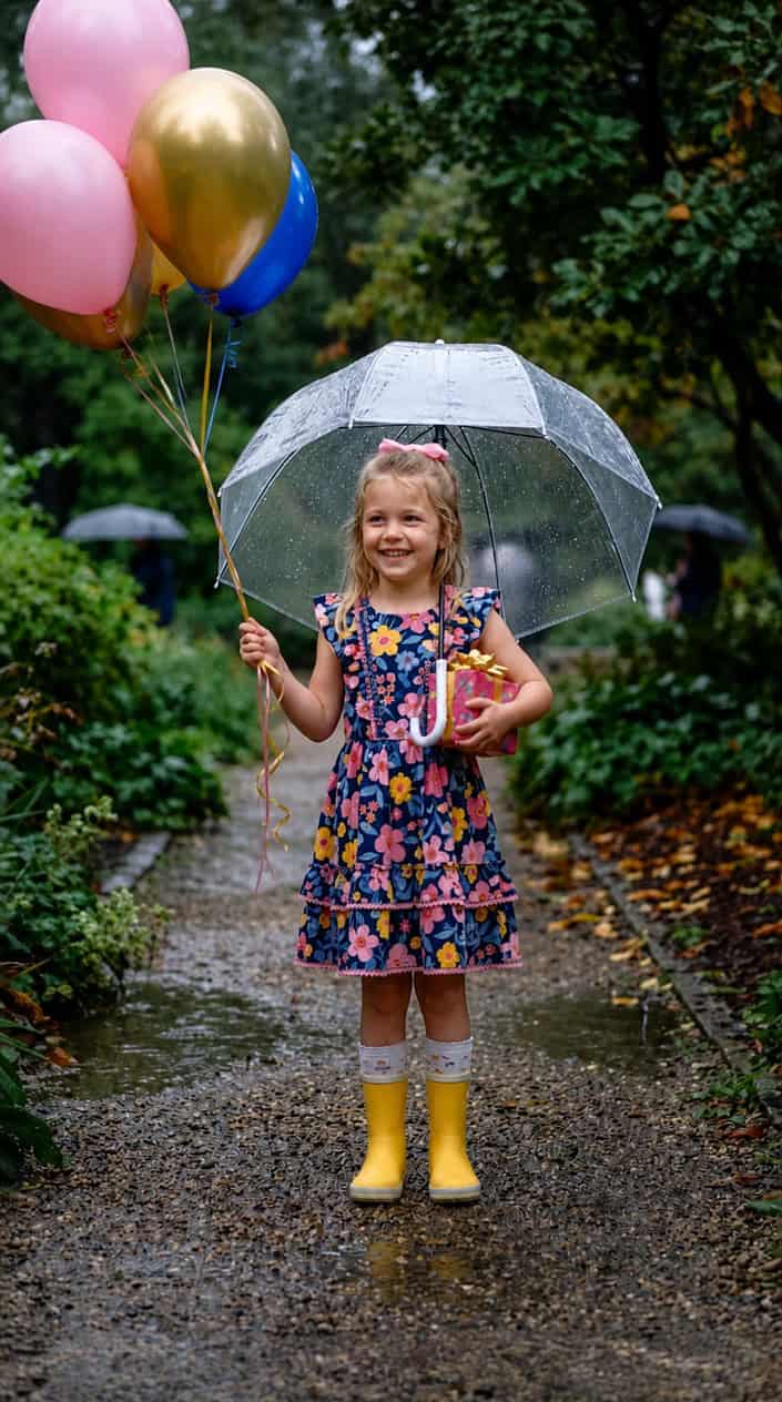 Little Girl Dress Styles for a Rainy Birthday Party 17 A little girl in a colorful dress holding a transparent umbrella outdoors on a rainy day, smiling and celebrating her birthday.