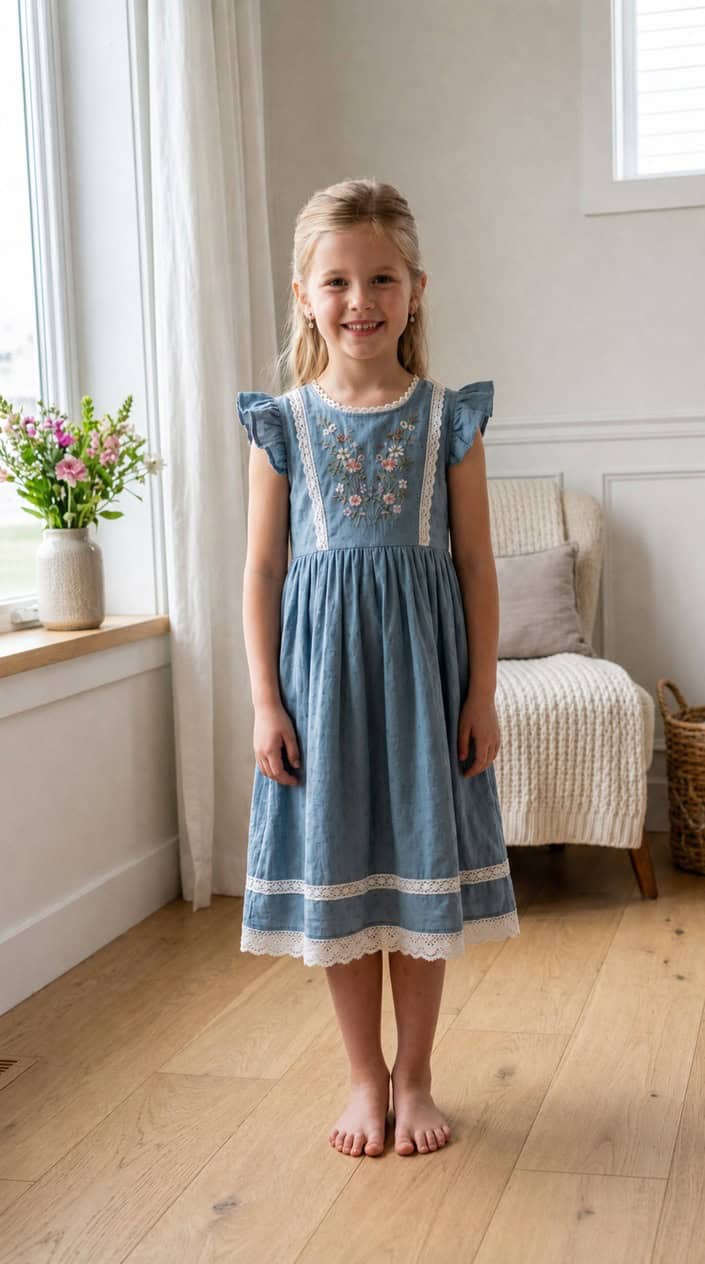 A young girl smiling and standing indoors wearing a pretty dress with delicate details.