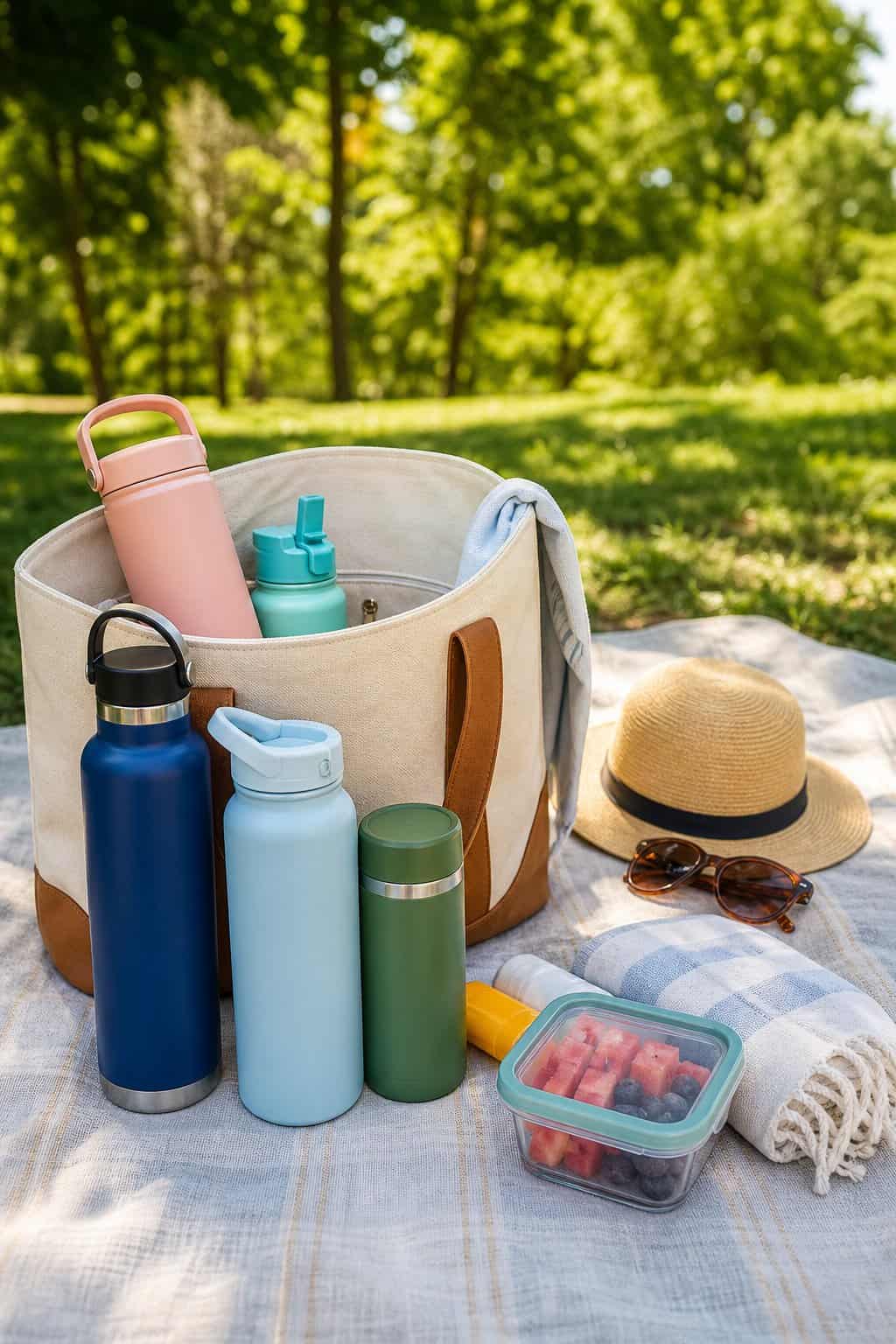 Several insulated stainless steel water bottles in bright colors arranged in and beside an open tote bag on a picnic blanket in the sun.