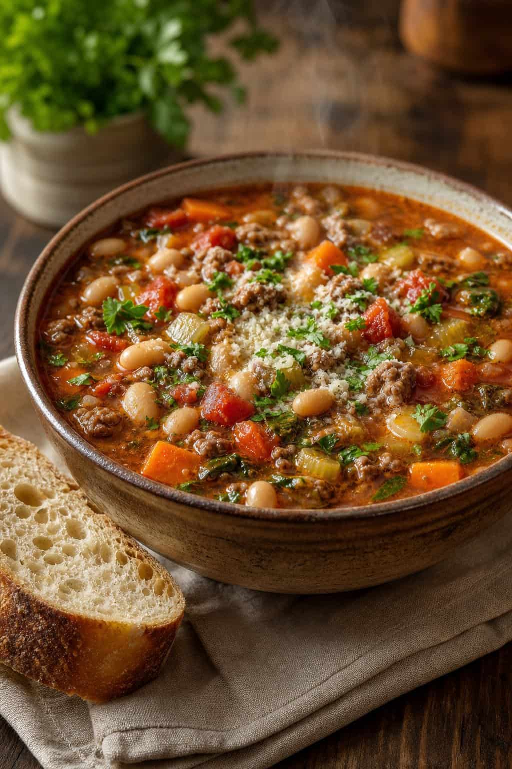 A wide shallow bowl of dark broth Italian beef and bean soup with visible kidney beans, small pasta, herb flecks, and chunks of tomato, served alongside thick slices of rustic bread on a honey-colored wooden table.