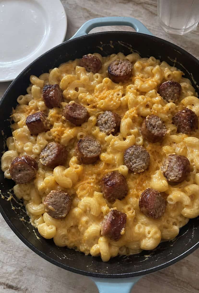 A bubbling skillet of creamy mac and cheese with chunks of Italian sausage, surrounded by a variety of other skillet dinner options