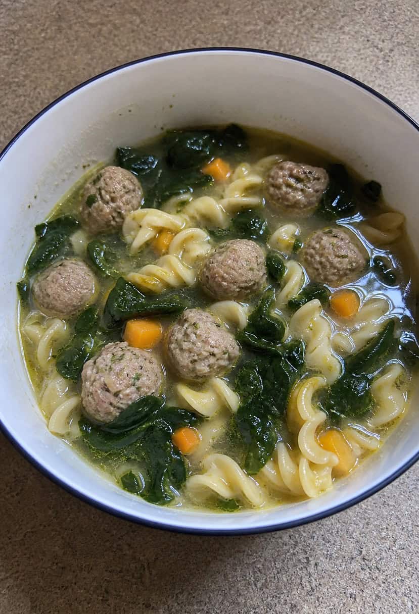 A pot of Italian Wedding Soup simmers on the stove, filled with tender meatballs, vibrant spinach, and delicate pasta in a savory broth