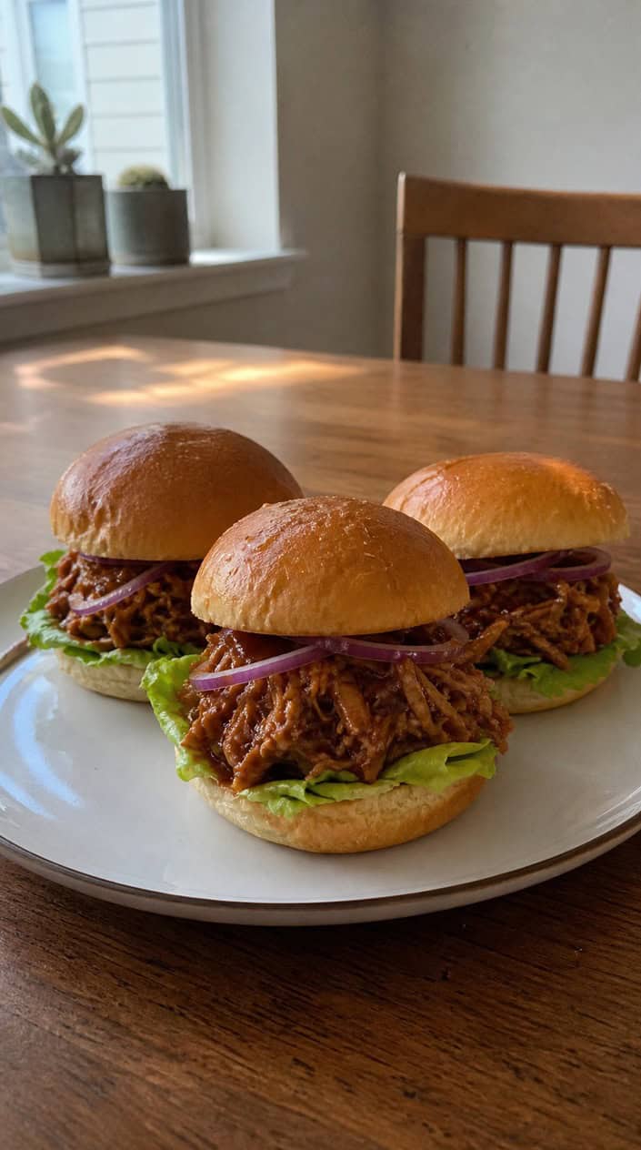Two soft slider buns filled with saucy shredded jackfruit, a few pieces of lettuce, and thin onion rings on a white plate with a tropical-print napkin behind it.