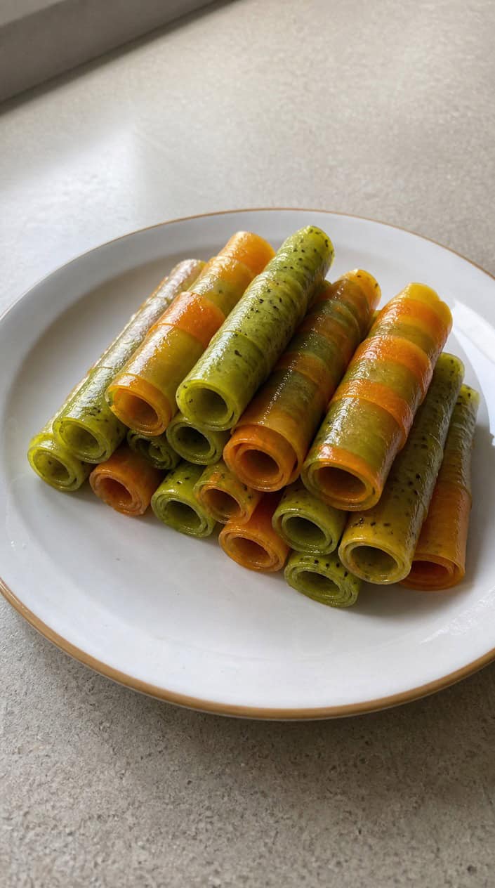 Rolled strips of bright green and orange fruit leather on a wooden surface with halved kiwi and tangerine segments arranged alongside.