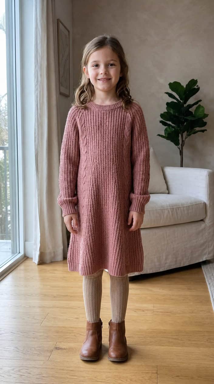 A young girl standing indoors wearing a dusty rose knitted dress, smiling gently.