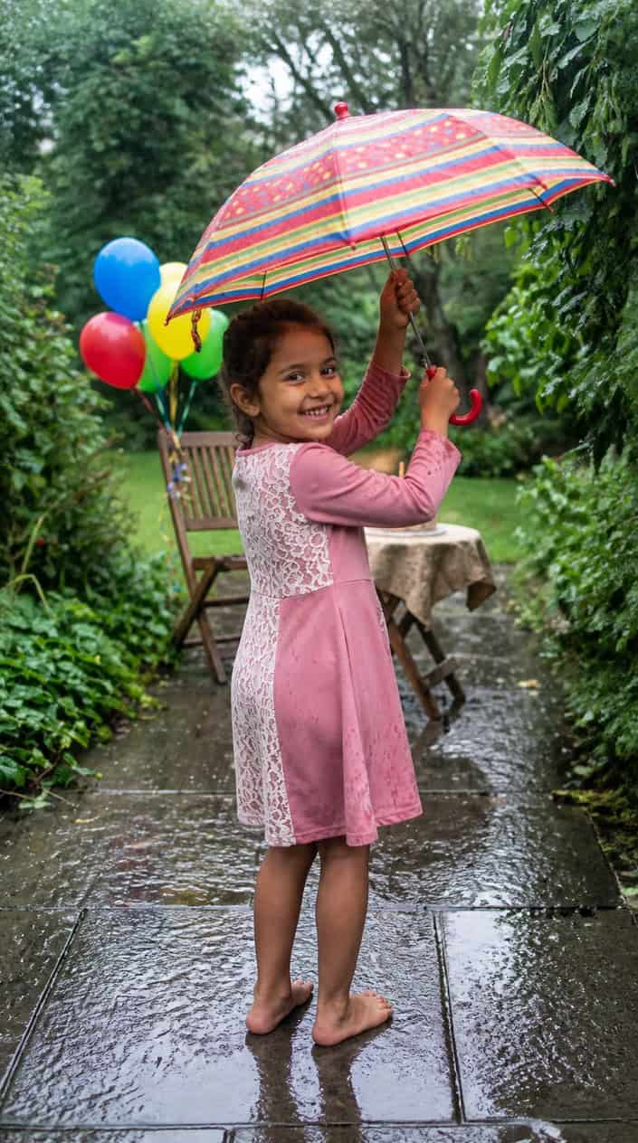 Little Girl Dress Styles for a Rainy Birthday Party 6 A young girl in a dress holding an umbrella outdoors on a rainy day with birthday decorations nearby.
